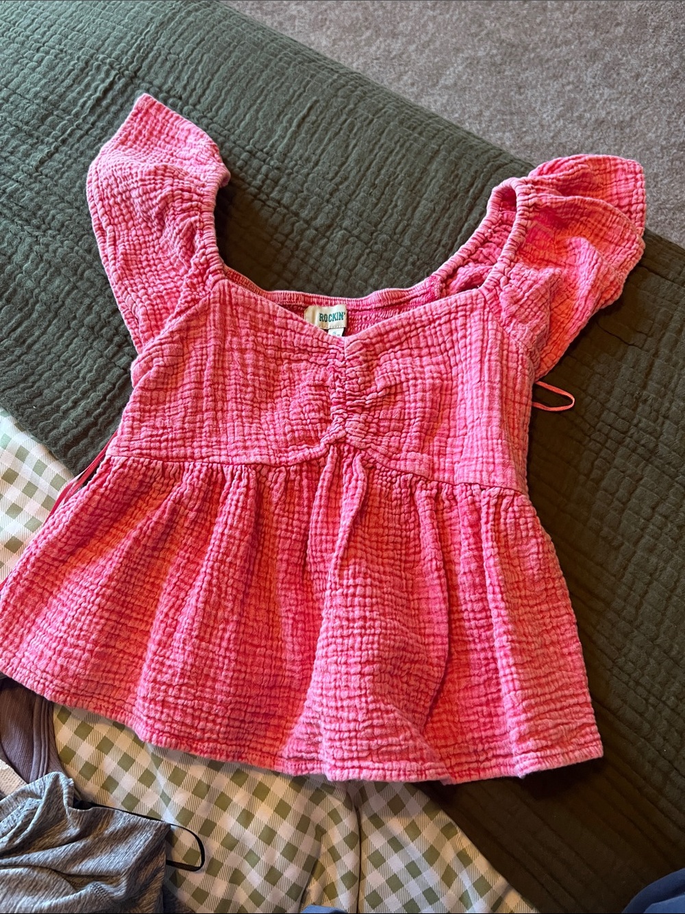 Girls Pink Gauze Peplum Top with Ruffle Sleeves